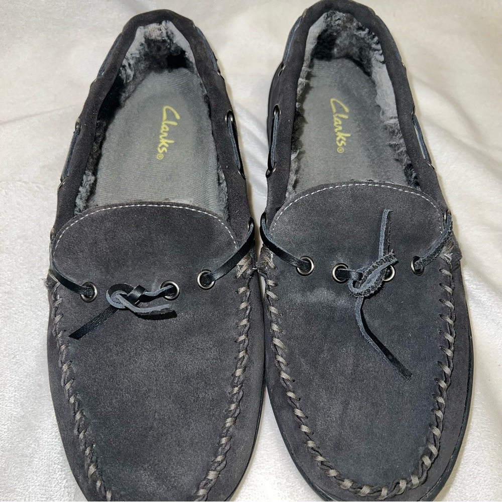 Clarks Moccasin Gray Men's Size 9 Upper Leather Slip On  Fur Lined Suede - Picture 6 of 11
